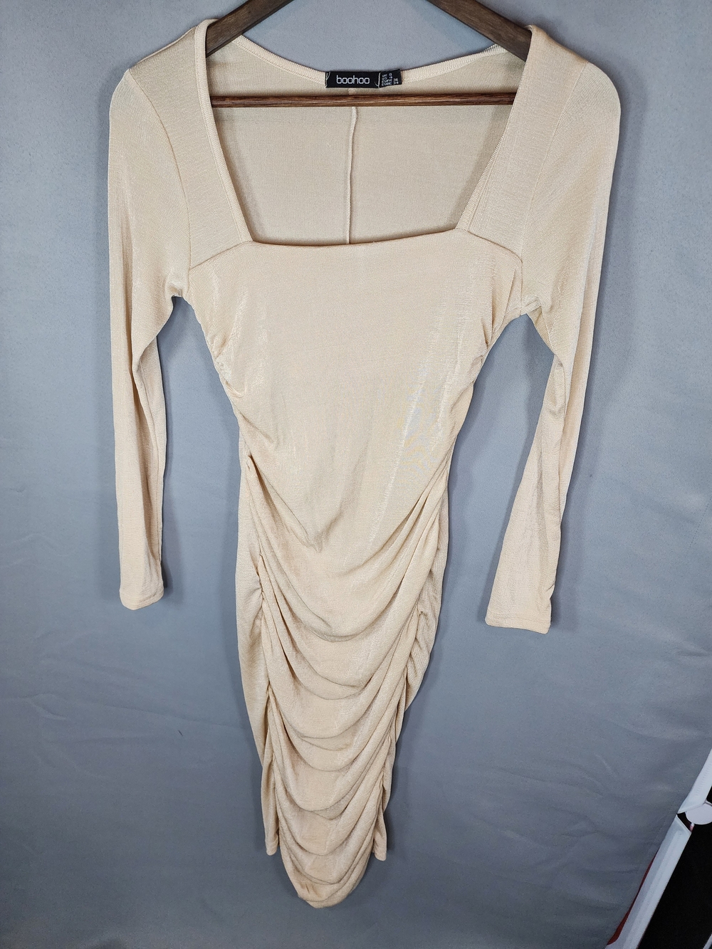 boohoo Beige Ruched Long Sleeve Square Neck Midi Dress